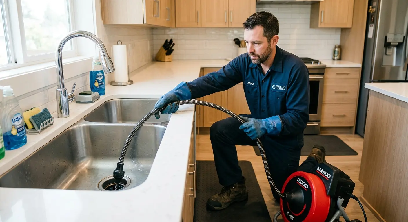 Drain cleaning technician using a motorized snake on a kitchen sink in Estherville