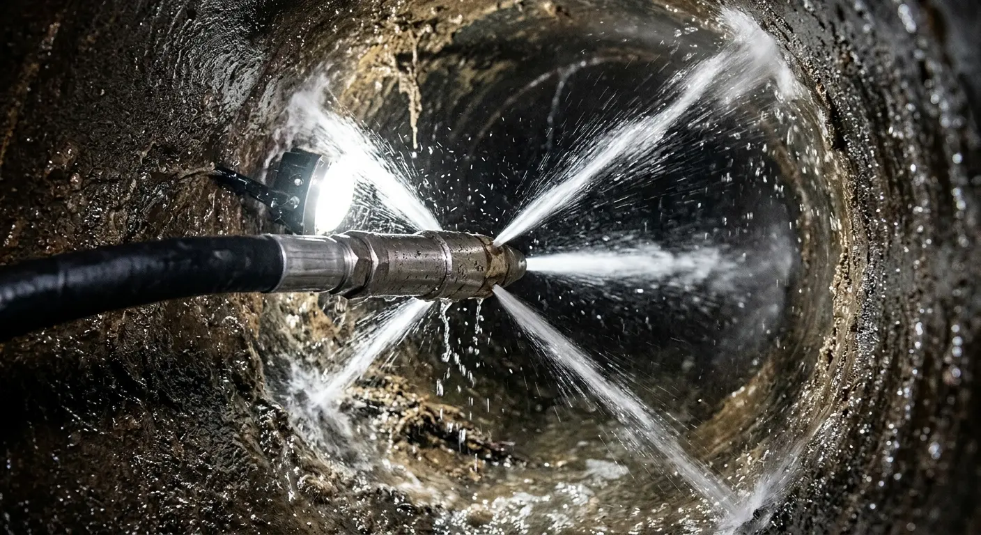 High-pressure hydro jetting nozzle cleaning sewer pipe for Sewer Cleanout in Estherville