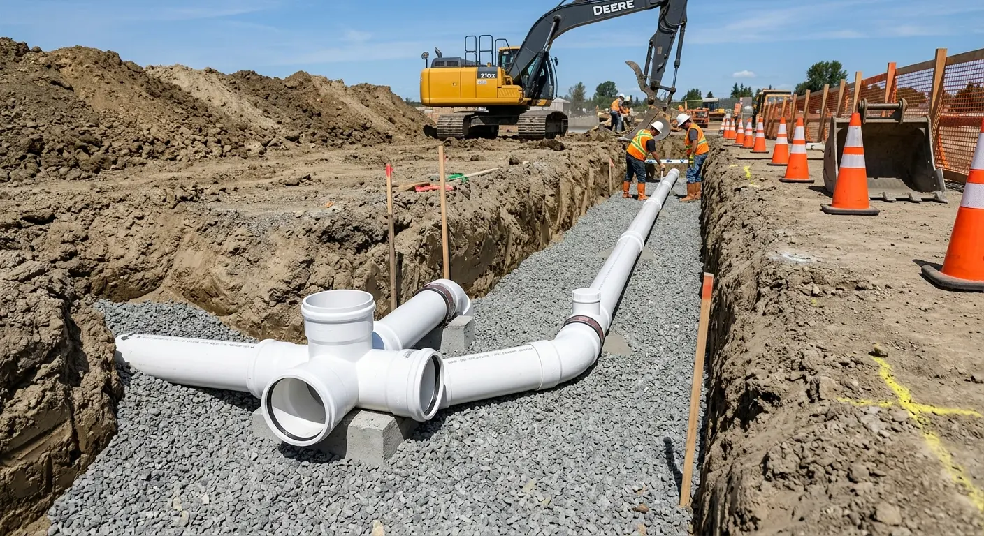 New PVC sewer pipe installation in open trench for Commercial Drain Cleaning in Estherville