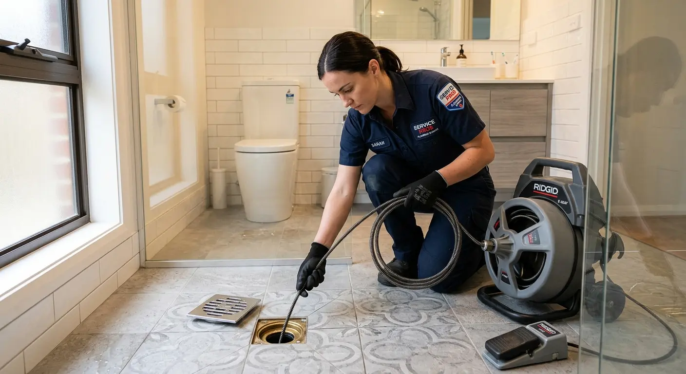 Technician clearing a bathroom floor drain for Drain Repair in Estherville